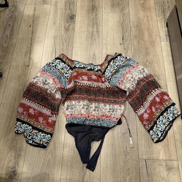 Free People Printed Boho Puff Sleeve Bodysuit Top Women's Medium - Picture 1 of 2